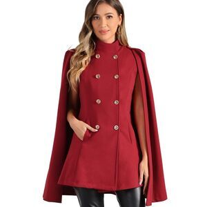 Cape Coats Winter Slit Sleeve Double Breasted Cloak Coat Burgundy
